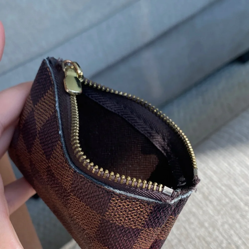 Brown Checkered Zip Card Pouch
